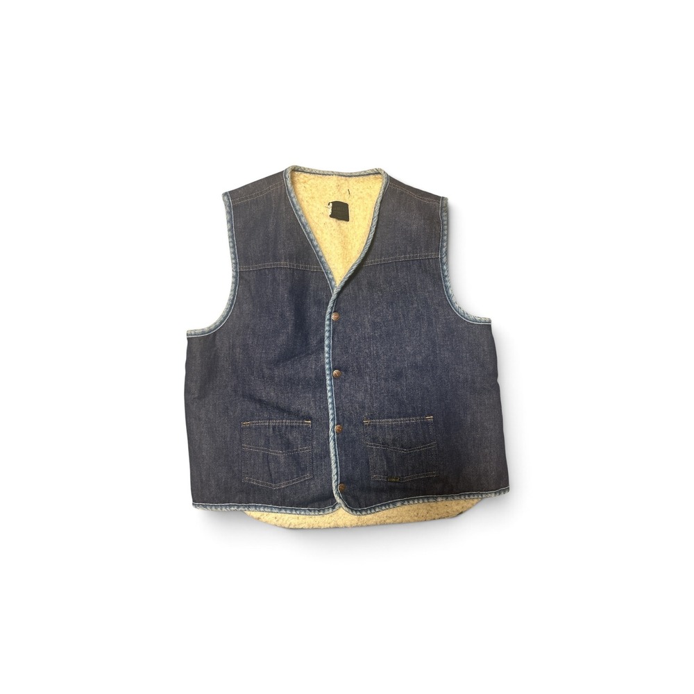 Vintage Roebucks Sears Denim Sherpa Lined Vest Mens XL Tall Dark Wash Western